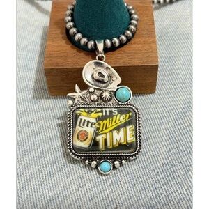 Miller Lite silver pendant necklace with faux Navajo pearls • new!